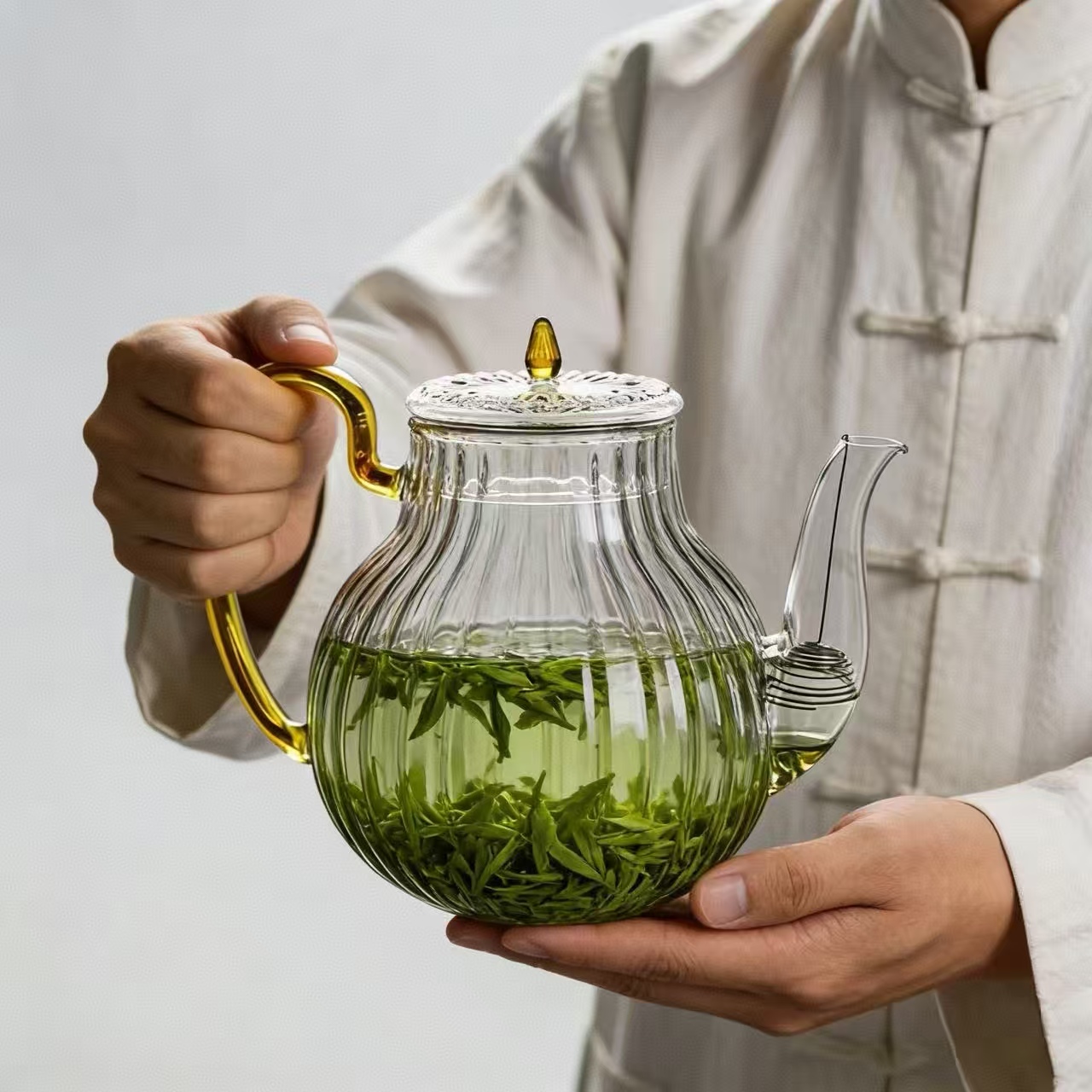 Nettle Leaf Tea - 700mlストライプ柄ガラスティーポット、フィルター付き耐熱ティーポット、ルーズリーフティー、フラワーティー、水出し茶用ティーケトル、カンフーティーセット